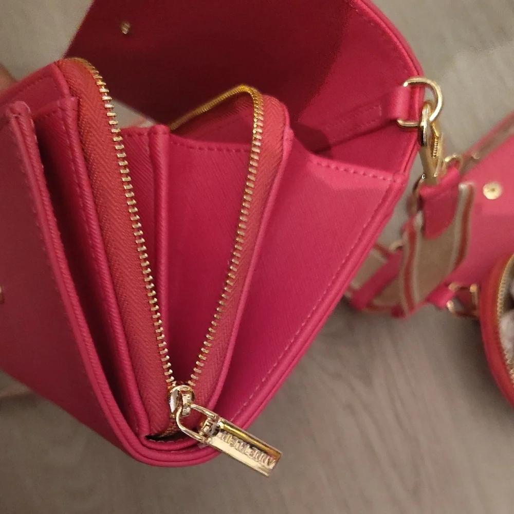 🆕3PC Anne Klein Vibrant Pink Clutch Wallet Crossbody Bag with Accessories